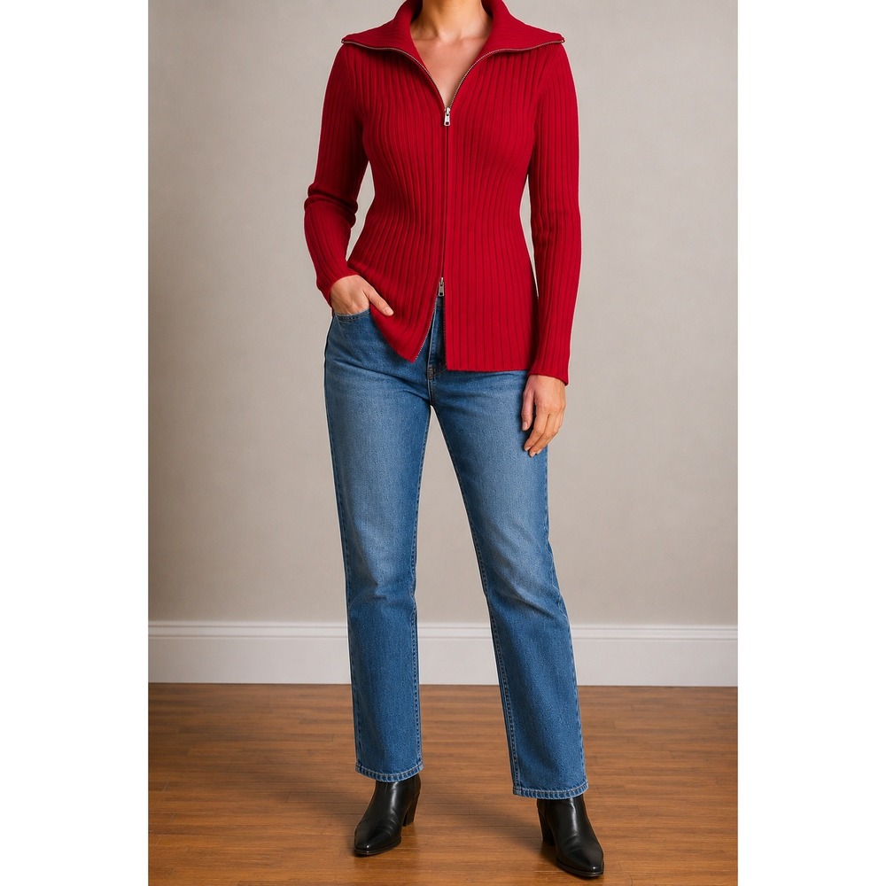Red Ribbed Zip Cardigan Sweater Women Medium Funnel Neck Preppy Holiday Classic
